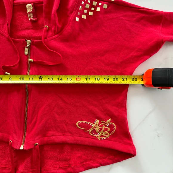 Apple Bottom Red Cropped Hoodie Embroidered Logo Gold Studded Zip Sweatshirt - Picture 11 of 13